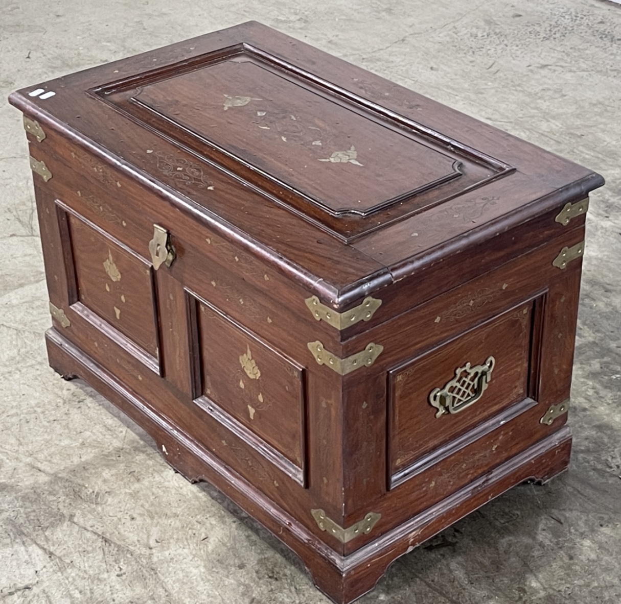 Vintage Anglo Indian floral inlay rosewood and brass chest