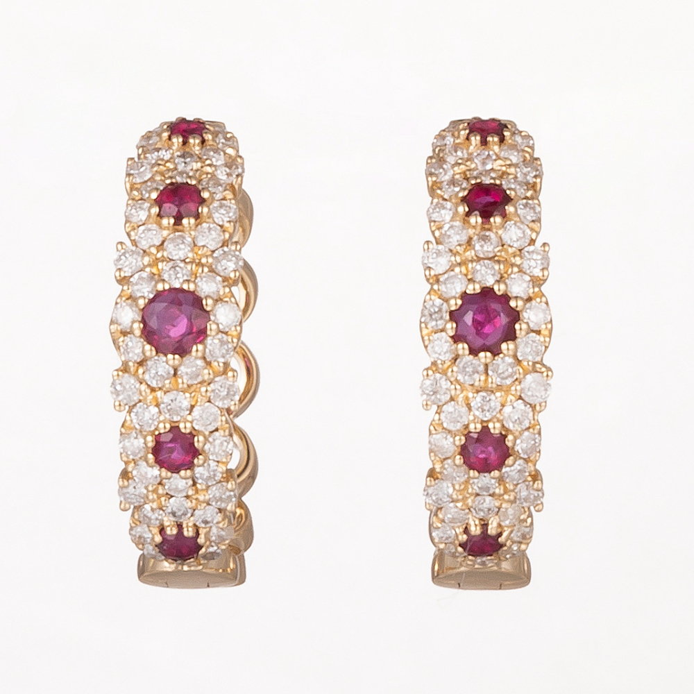 14CT Yellow Gold Ruby and Diamond Halo Hoop Earrings