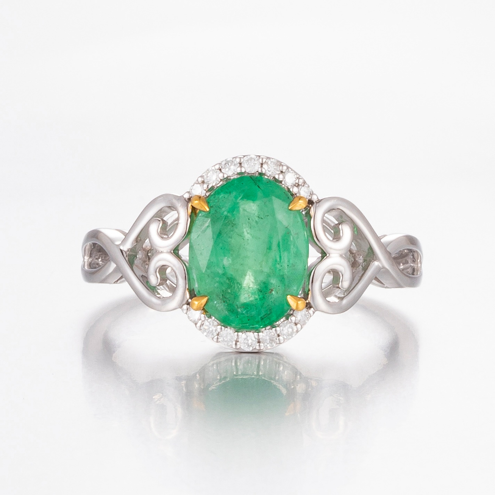 14CT White Gold Zambian Emerald and Diamond Dress Ring