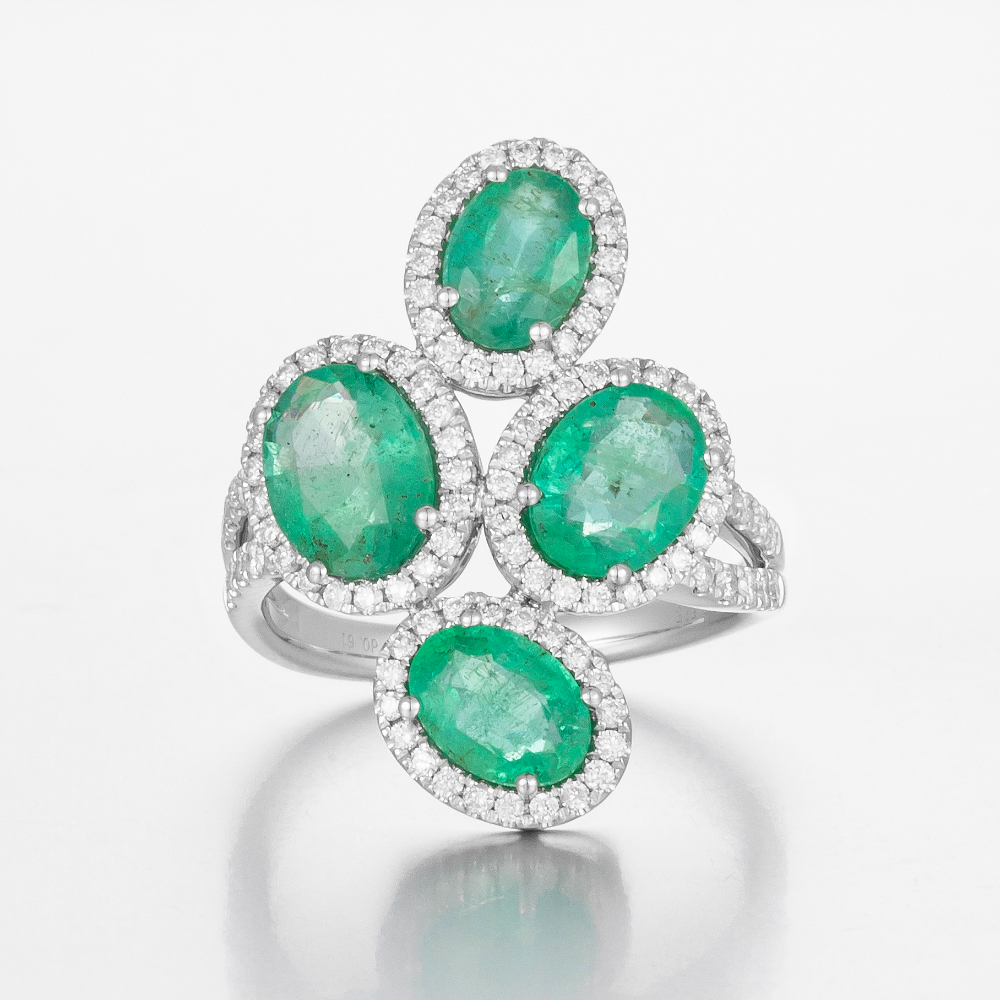 14CT White Gold Zambian Emerald and Diamond Cluster Ring