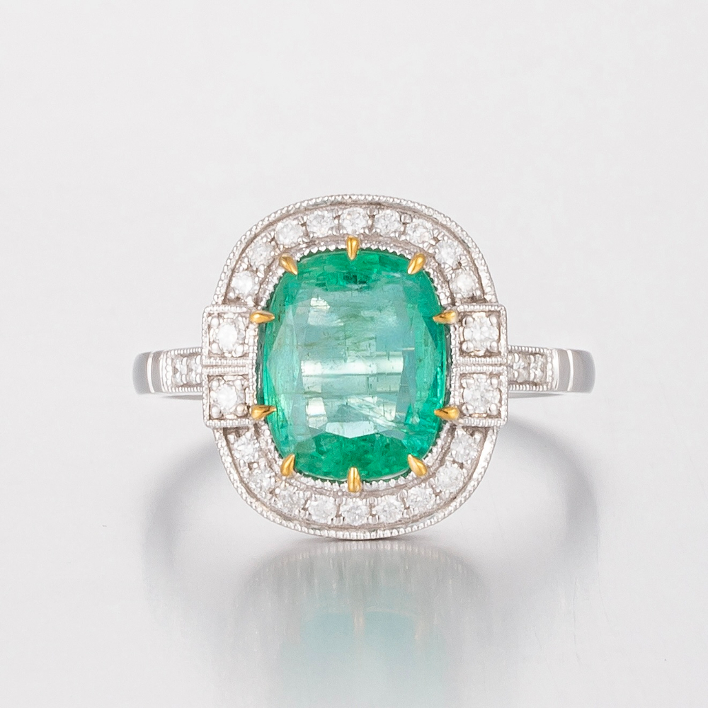 14CT White Gold Zambian Emerald and Diamond Cocktail Ring