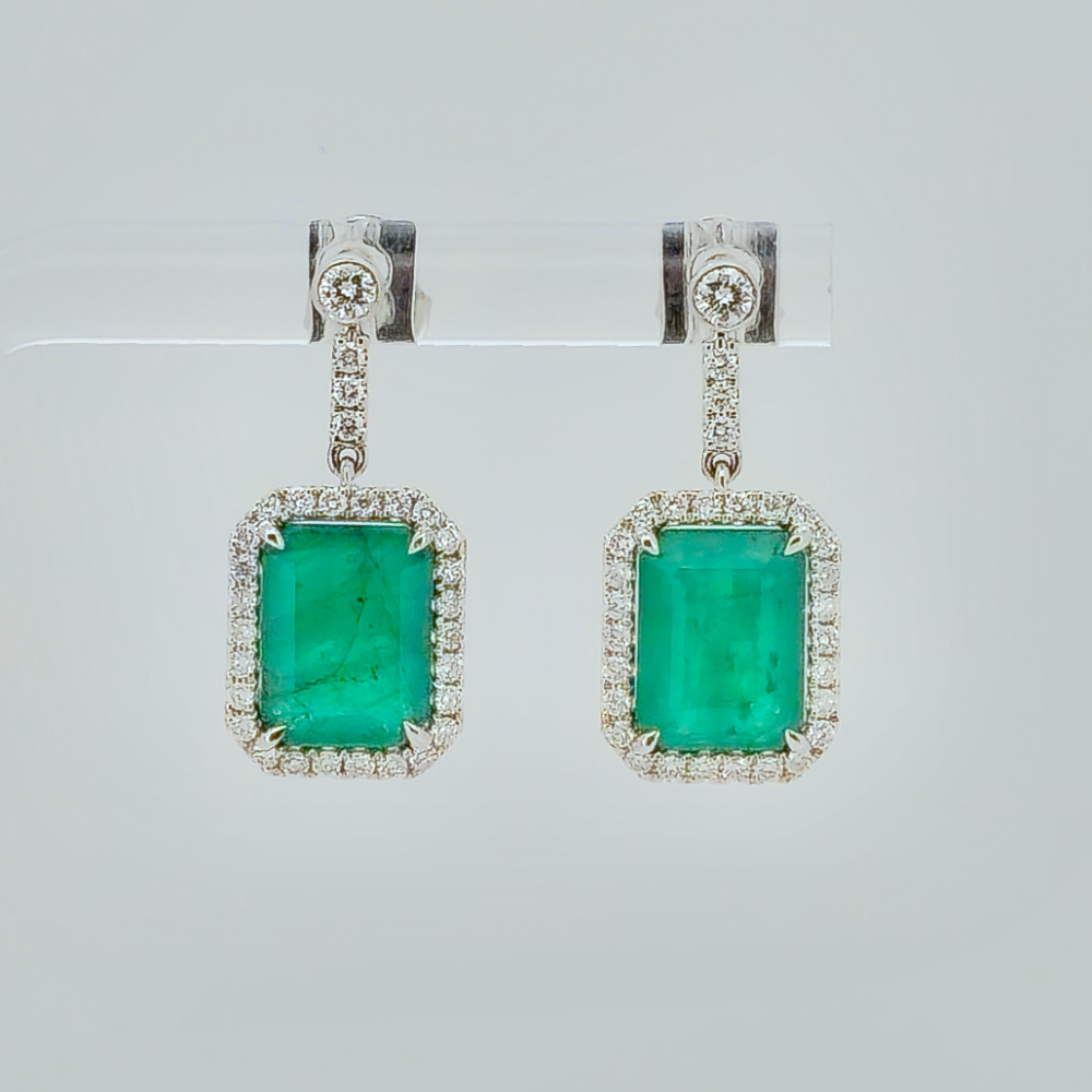 14CT White Gold Colombian Emerald and Diamond Drop Earrings 