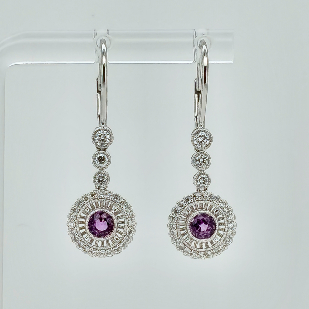 18CT White Gold Pink Ceylon Sapphire and Diamond Drop Earrings