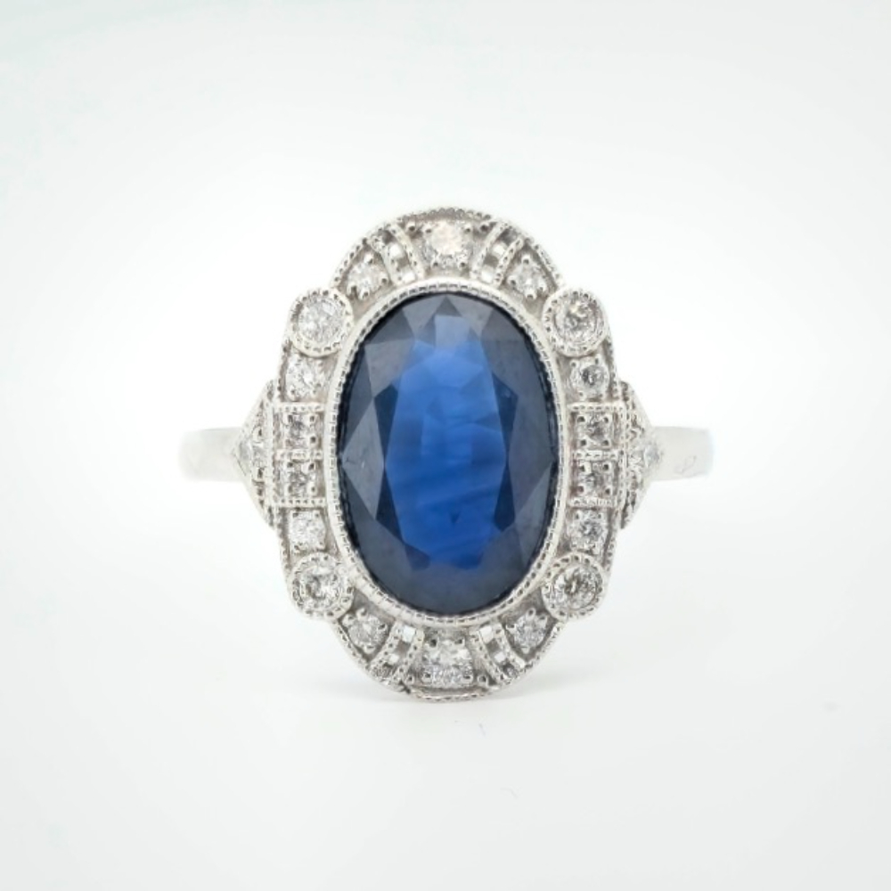 14CT White Gold Sapphire and Diamond Art Deco Style Ring 