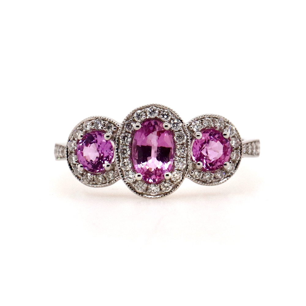 18CT White Gold Pink Ceylon Sapphire and Diamond Trilogy Ring