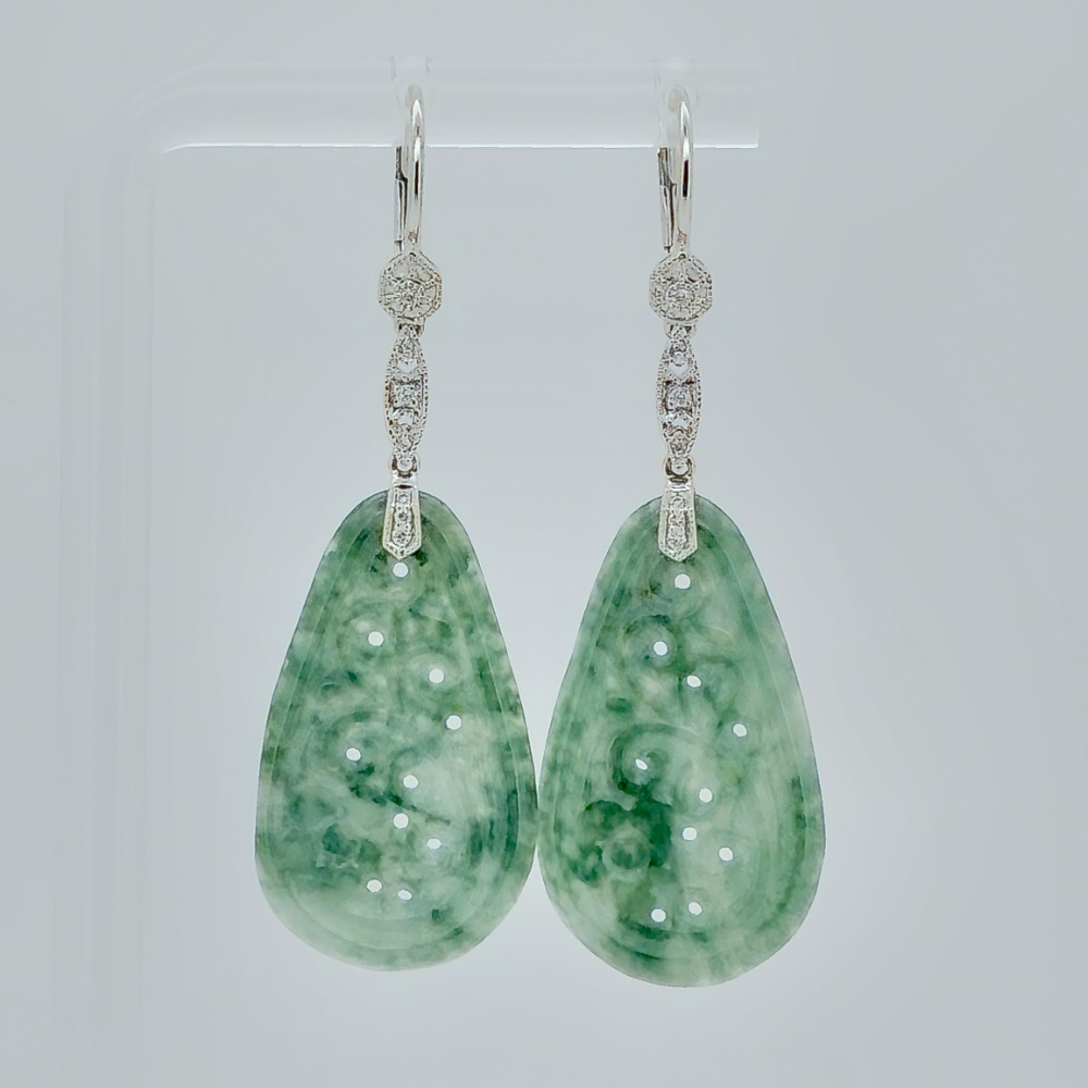 14CT White Gold Natural Jade and Diamond Antique Style Drop Earrings 