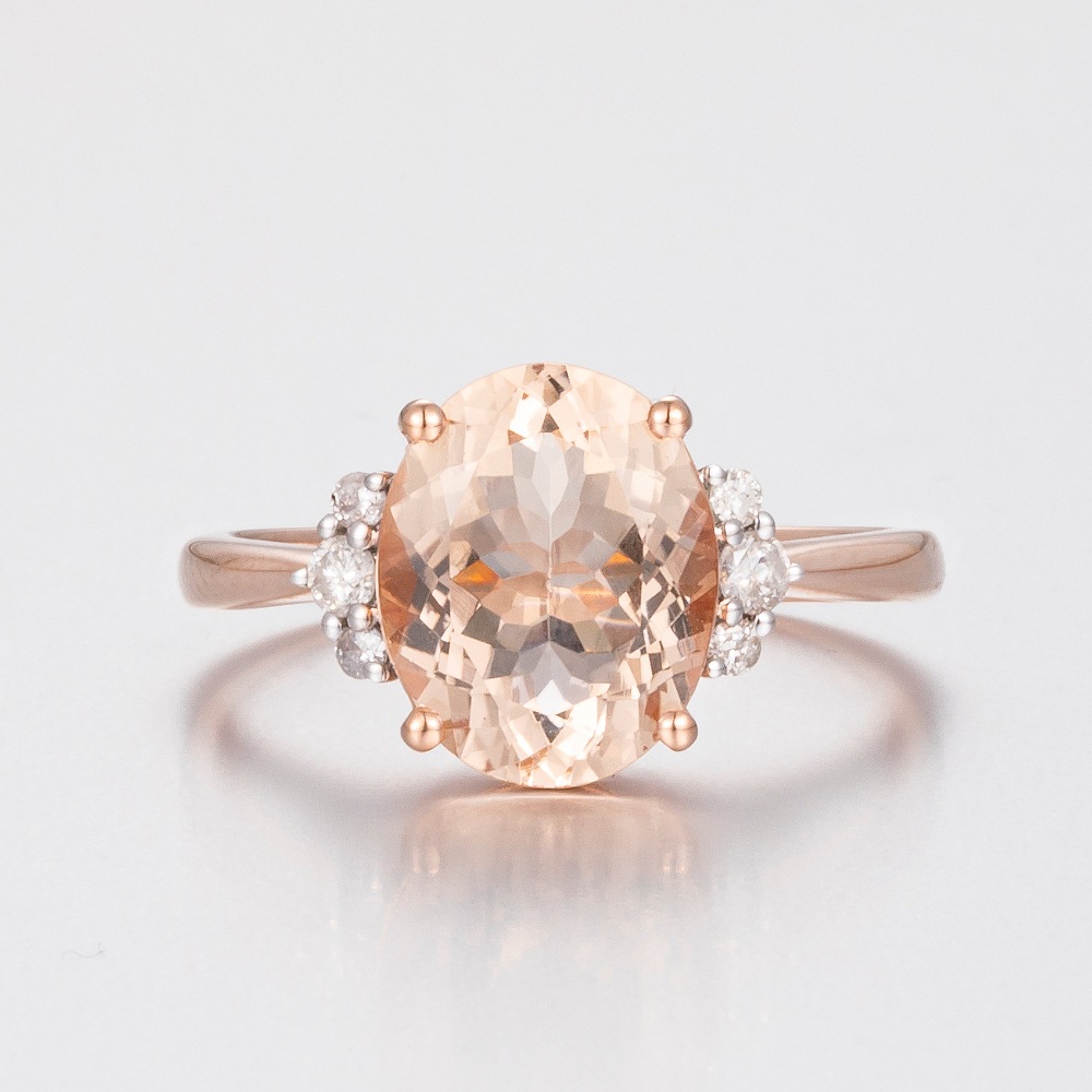 14CT Rose Gold Morganite and Diamond Trilogy Style Ring