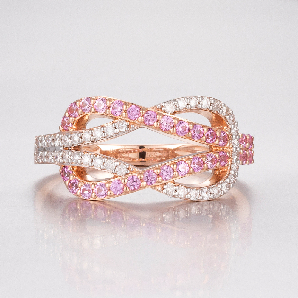 14CT Rose Gold Pink Ceylon Sapphire and Diamond Knot Inspired Ring