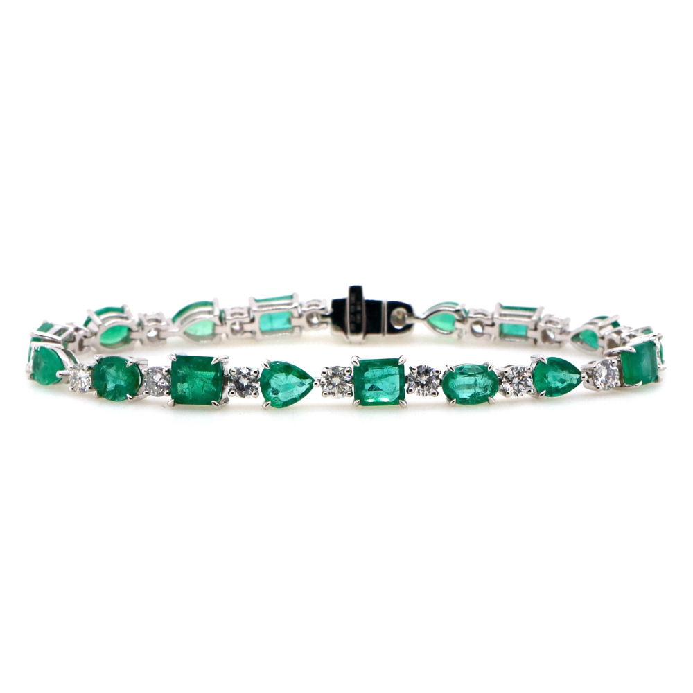 14CT White Gold Colombian Emerald and Diamond Line Bracelet 