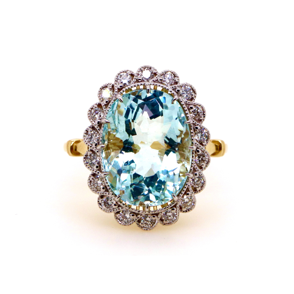14CT Yellow Gold Aquamarine and Diamond Antique Style Ring