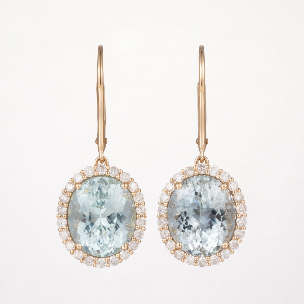 14CT Yellow Gold Aquamarine and Diamond Halo Drop Earrings