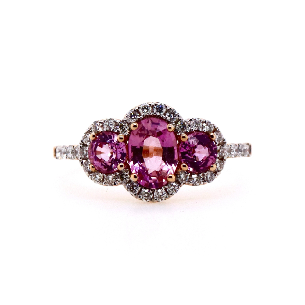 18CT Rose Gold Pink Ceylon Sapphire and Diamond Trilogy Ring 