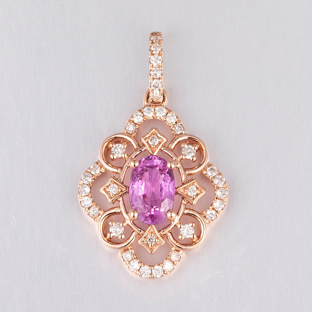 14CT Rose Gold Pink Ceylon Sapphire and Diamond Antique Style Pendant