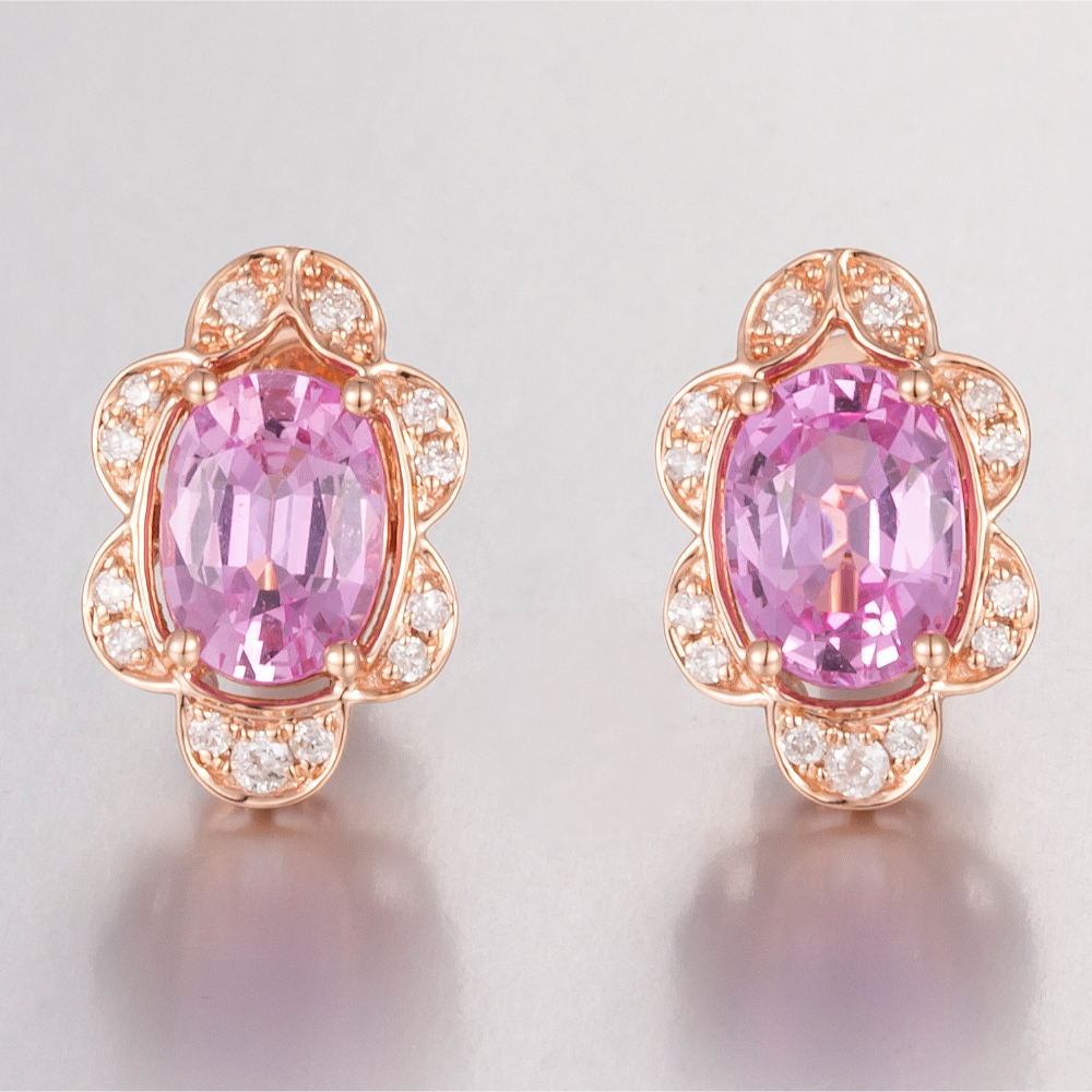 14CT Rose Gold Pink Ceylon Sapphire and Diamond Stud Earrings