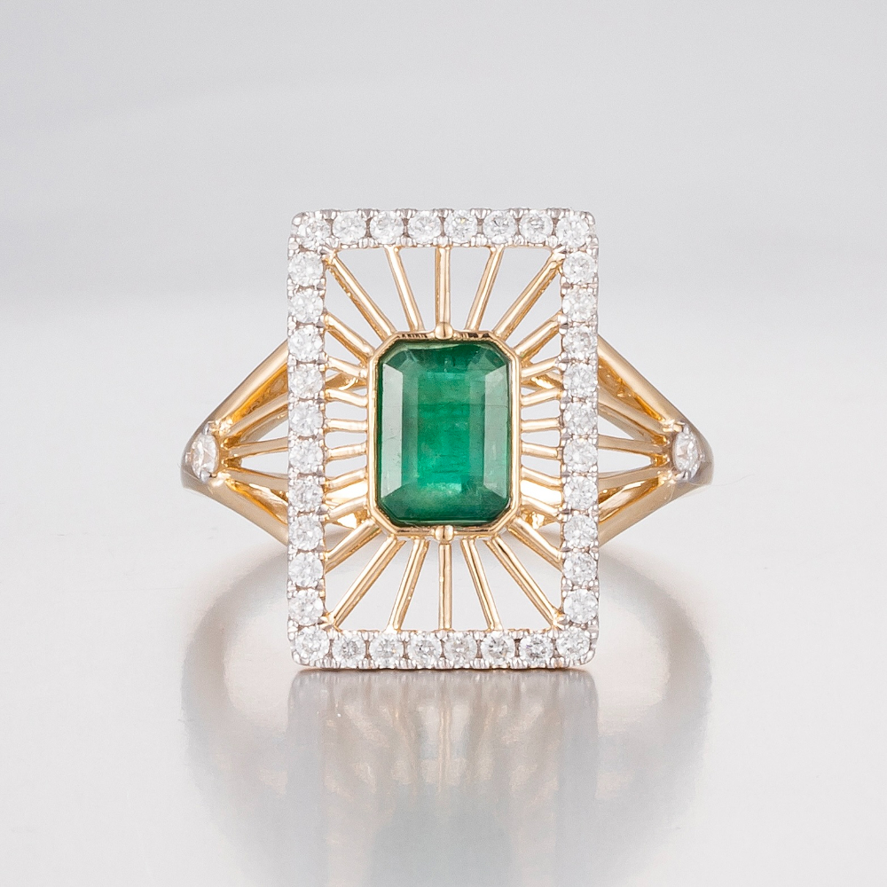 14CT Yellow Gold Colombian Emerald and Diamond Art Deco Inspired Ring