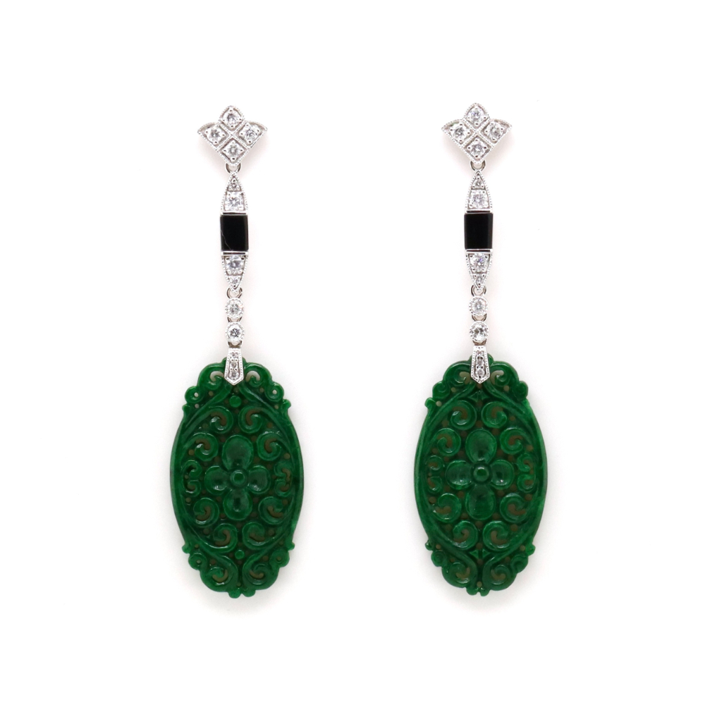 14CT White Gold Natural Jade, Onyx and Diamond Antique Style Earrings