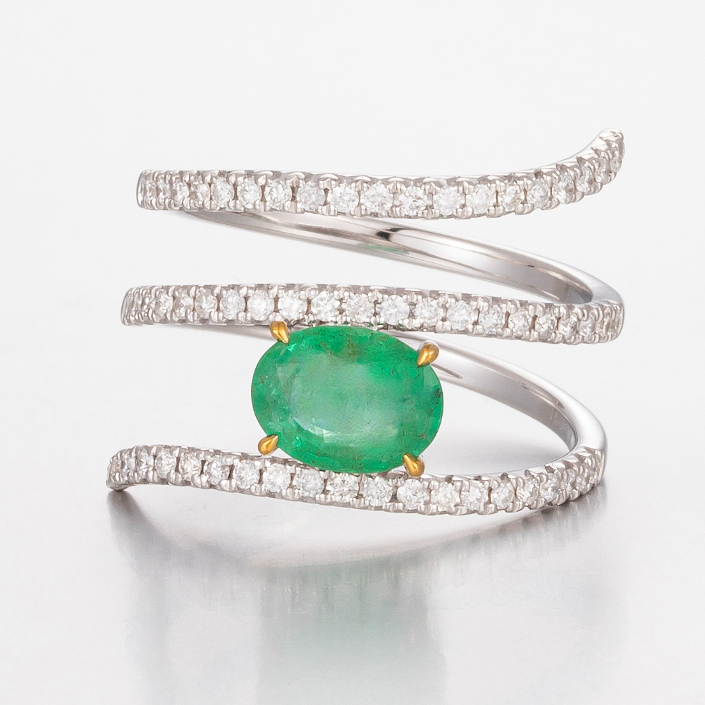 14CT White Gold Zambian Emerald and Diamond Spiral Ring