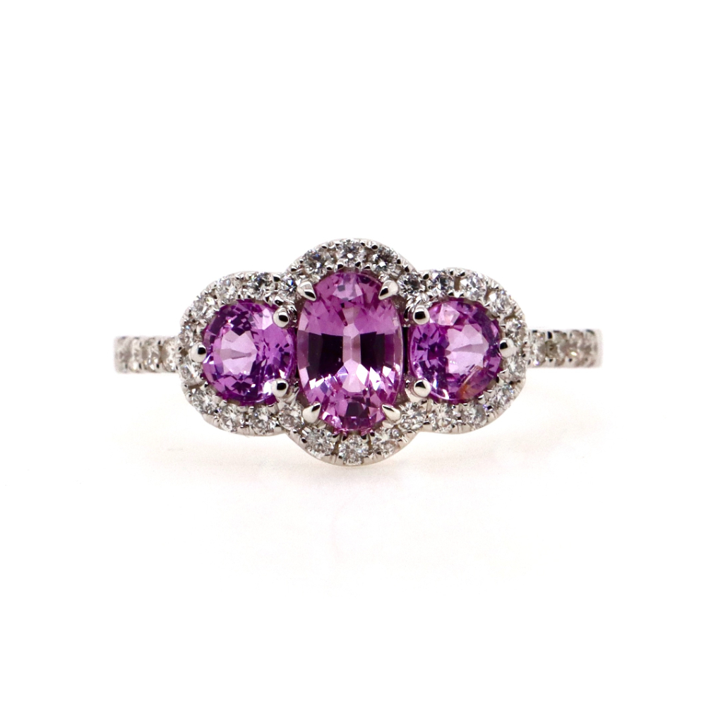 18CT White Gold Pink Ceylon Sapphire and Diamond Trilogy Ring 