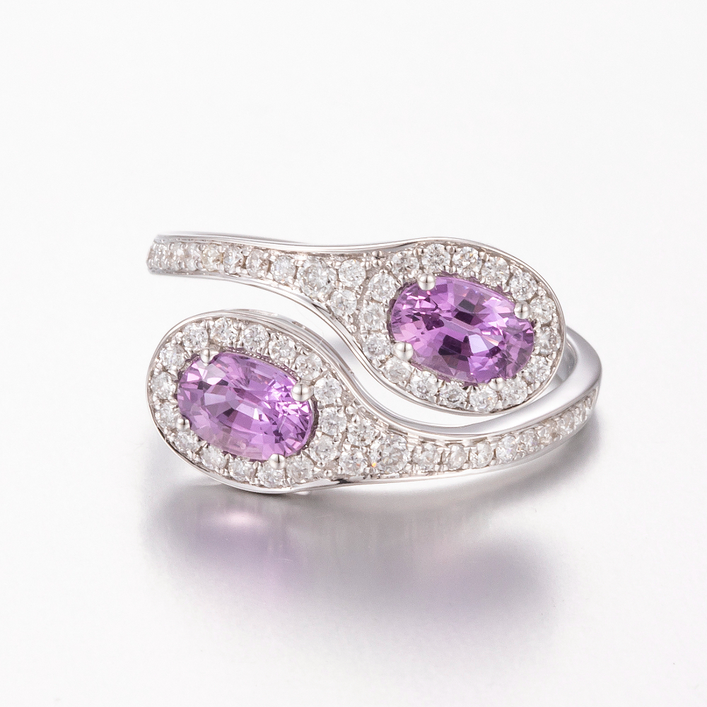 14CT White Gold Pink Sapphire and Diamond Spiral Ring