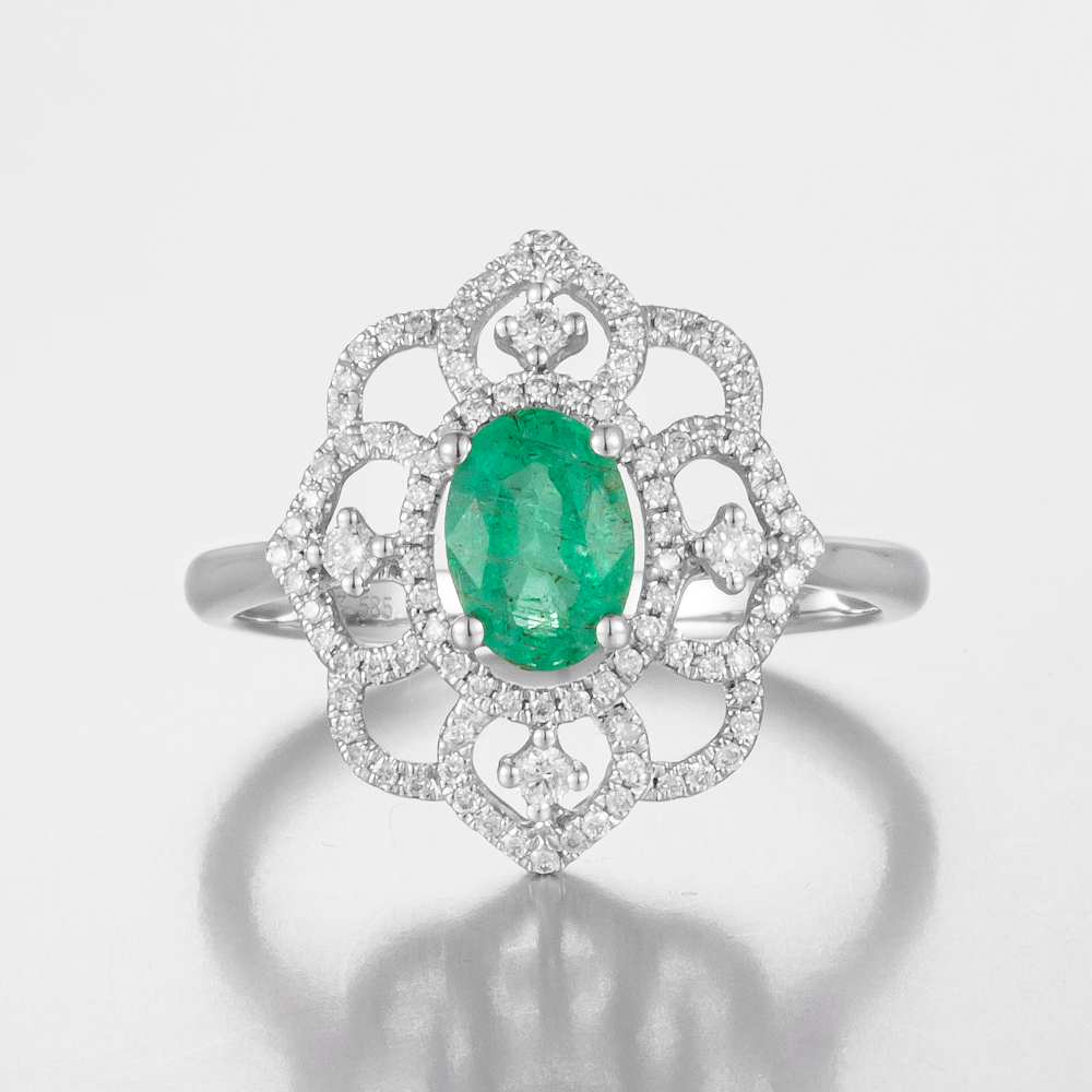 14CT White Gold Colombian Emerald and Diamond Cluster Ring