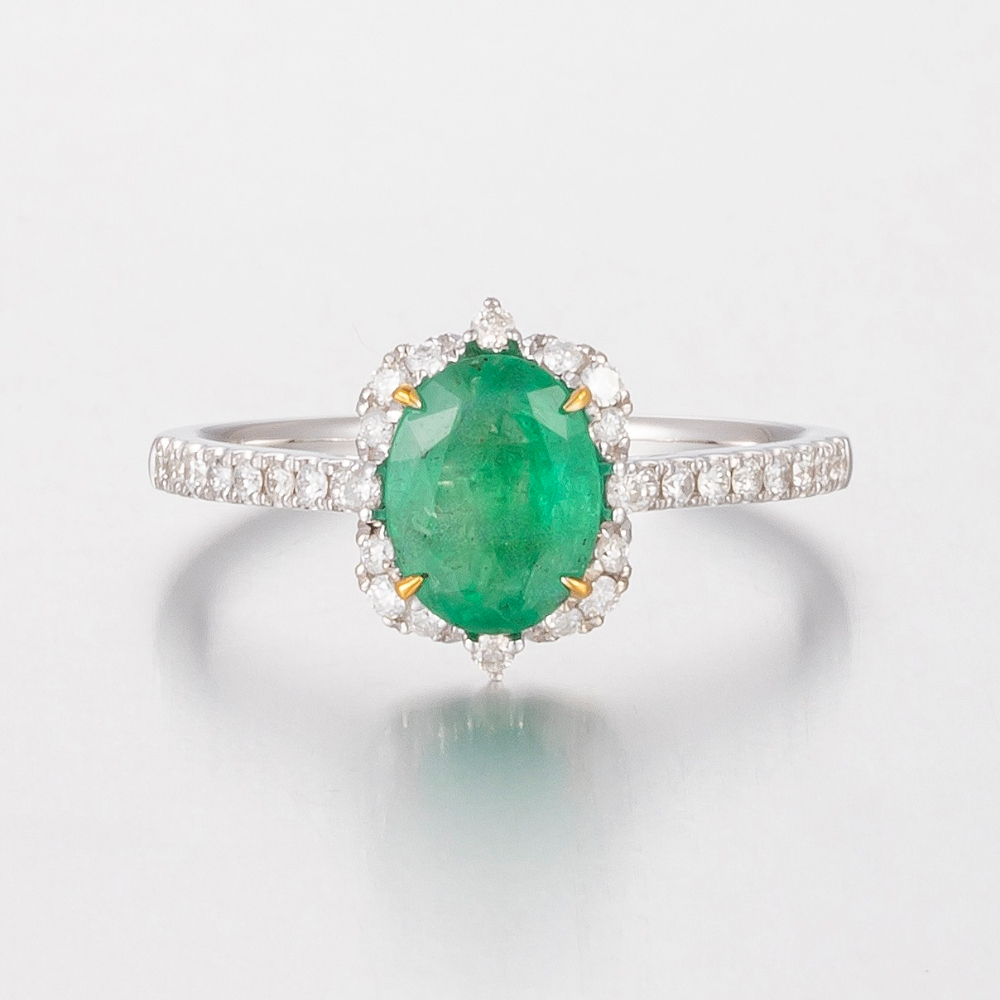14CT White Gold Zambian Emerald and Diamond Halo Ring