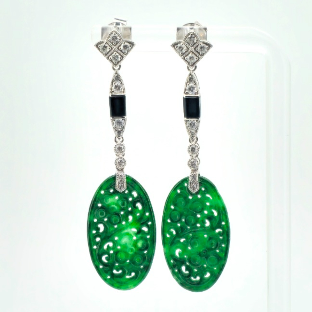 14CT White Gold Natural Jade, Onyx and Diamond Drop Earrings 