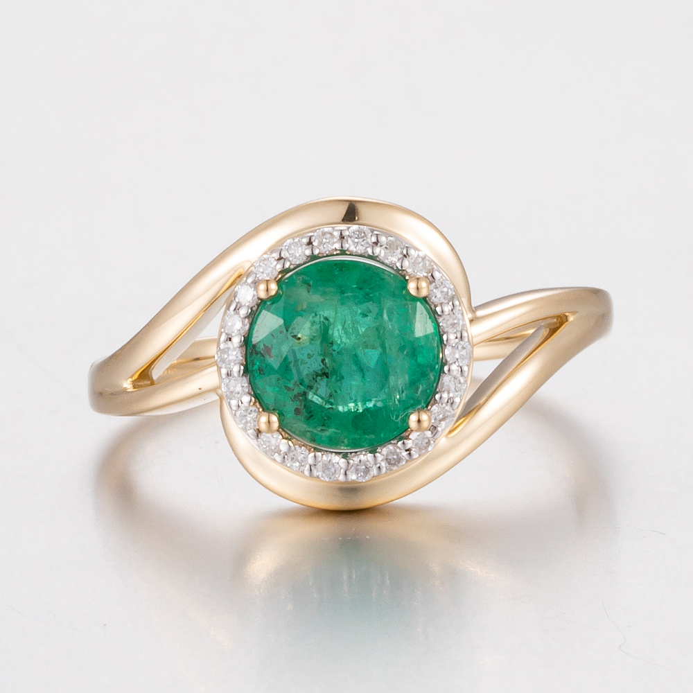 14CT Yellow Gold Zambian Emerald and Diamond Halo Ring