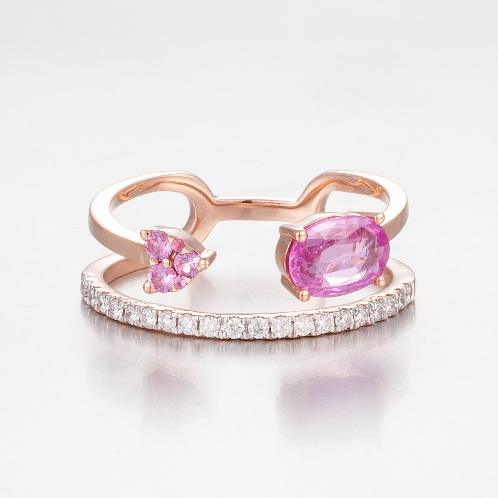 14CT Rose Gold Pink Ceylon Sapphire and Diamond Split Band Rin