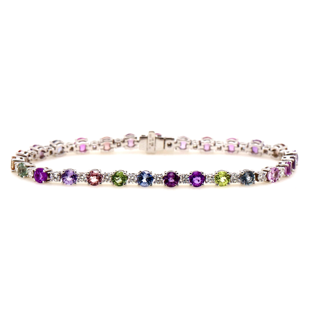 14CT White Gold Multi Coloured Sapphire and Diamond Line Bracelet 