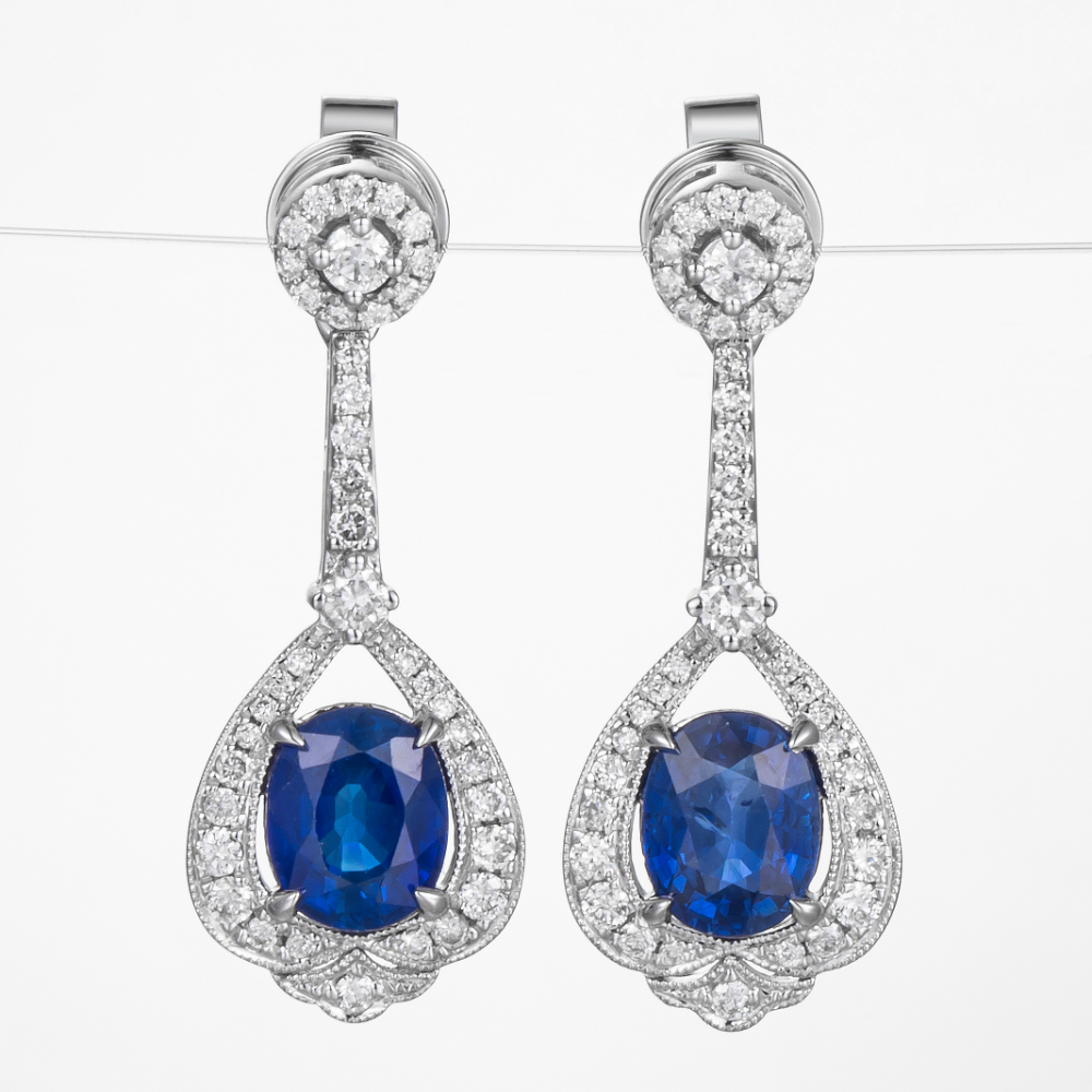 18CT White Gold Ceylon Sapphire and Diamond Art Deco Style Earrings 